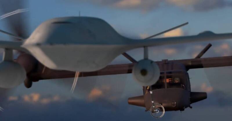 貝爾公司發布的影片中，MQ-25「黃貂魚」無人加油機為MV-75加油。（圖取自X@airsuperiorx）