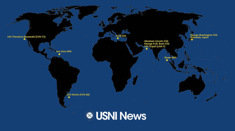 美軍現有2艘航空母艦、1艘兩棲突擊艦在中東部署。（取自USNI NEWS網站）