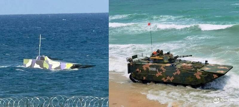 演習使用的海上標靶（左），與中國解放軍ZBD-05兩步兵戰車（右）之對比圖。影像顯示該標靶外觀模擬解放軍登陸主力裝備，用於驗證美、日、菲聯軍的反登陸火力。（圖取自美國海軍學會新聞網）
