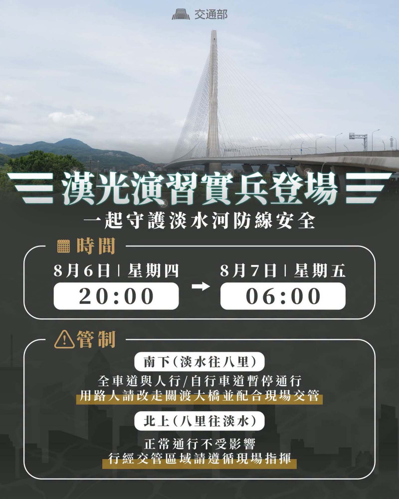 漢光42》第一次實兵演習來了！ 淡江大橋今晚到明晨封閉