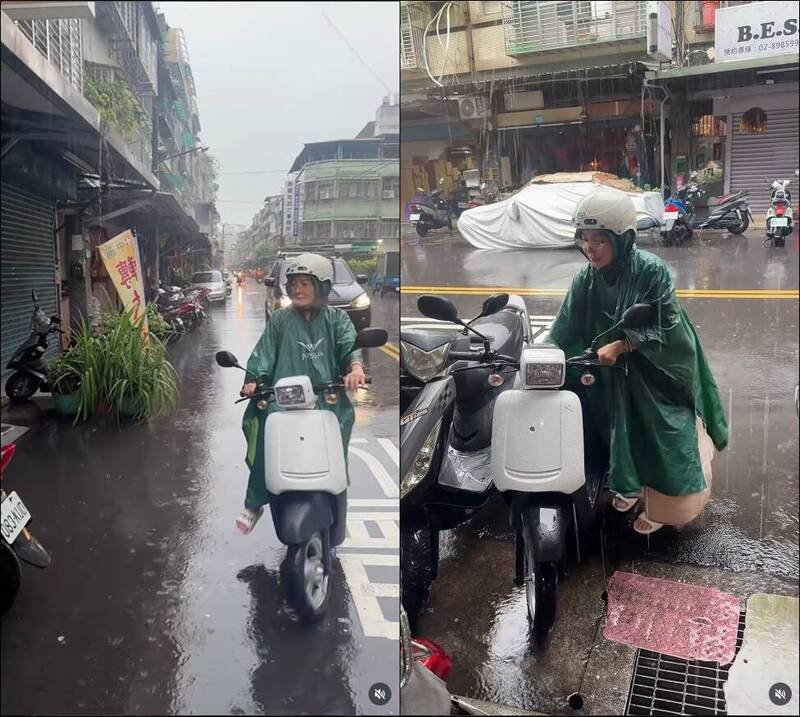暴雨照樣騎車！女星雨衣+拖鞋為這事冒雨出門 網讚超親民