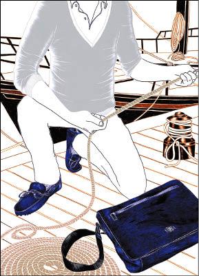 Carine筆下的藍莓色麂皮開車鞋，20,800元；藍莓色麂皮郵差包，46,800元。