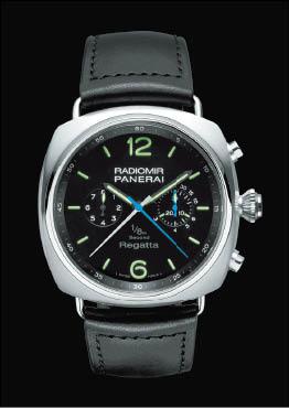 沛納海Radiomir 1/8th Second Titanio計時碼錶。磨砂鈦金屬錶殼，44mm。備有兩個計時器的雙追針，其中一個指針以1/8秒的增量單位。定價52萬5千元。