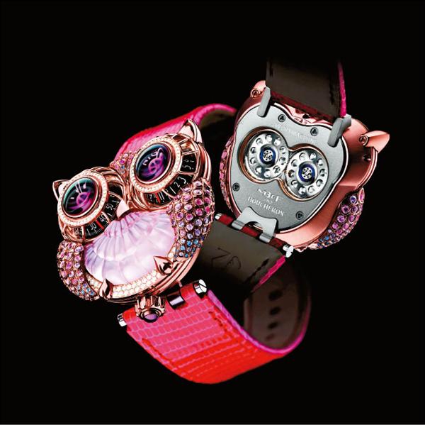 MB&F JwlryMachine貓頭鷹錶款，粉晶版本，參考價7,560,000元。