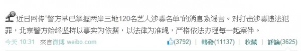 北京公安也證實120名藝人名單為謠言。(圖擷取自網易娛樂) 北京公安也證實120名藝人名單為謠言。(圖擷取自網易娛樂)