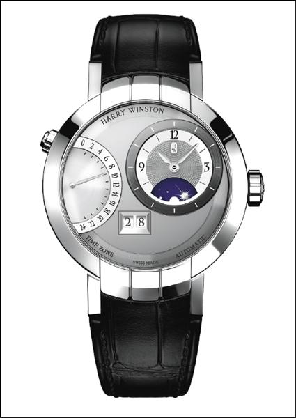 Harry Winston Premier系列偏心兩地時間腕錶，參考價電洽。圖片提供／Harry Winston