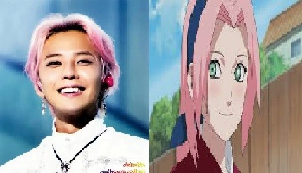 有「時尚達人」之稱的G-Dragon,造型常撞髮卡通明星,右圖為動漫火影忍者中的小櫻。(圖取自GD微博及網路) 有「時尚達人」之稱的G-Dragon,造型常撞髮卡通明星,右圖為動漫火影忍者中的小櫻。(圖取自GD微博及網路)