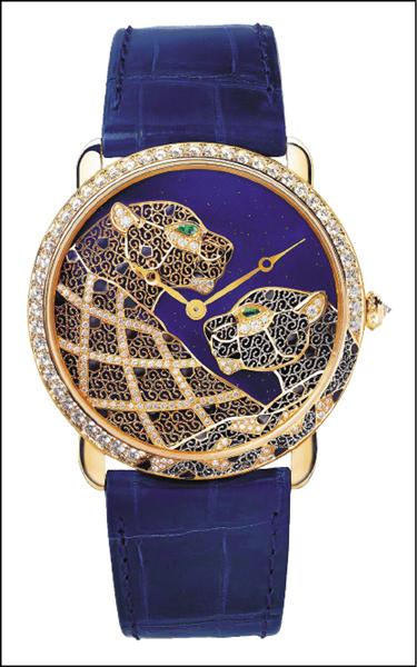 Ronde Louis Cartier Filigrane金銀絲細工美洲豹裝飾腕錶。18K黃金錶殼（42毫米）。430MC手上鏈機芯。限量20只。
