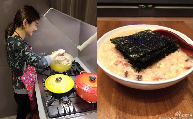 Ella熬粥給生病的老公吃，還取名無敵什錦海鮮甜滋滋粥。（翻攝自賴斯翔微博、Ella臉書）