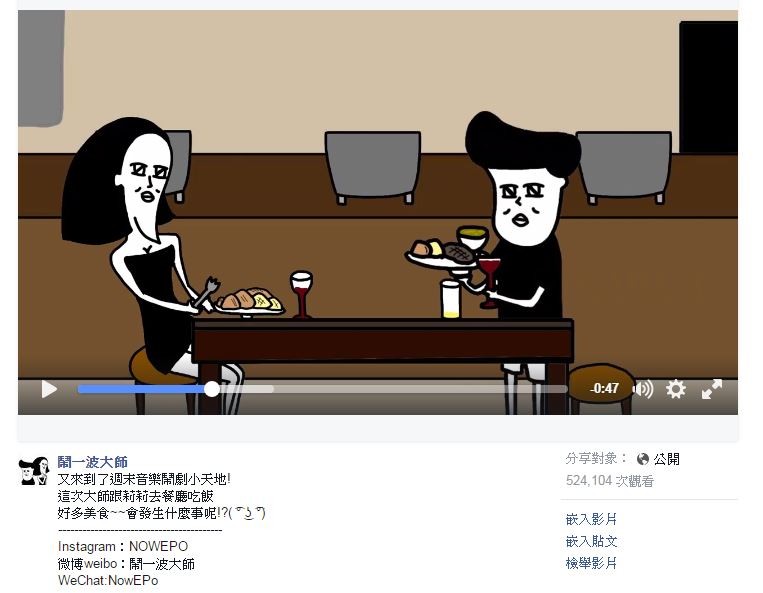 鬧一波大師擅長畫各種人物插畫，將一格一格插畫串接成影片，使用諧音梗的Kuso創作方式，他每週固定上傳的音樂鬧劇小天地，深受網友喜愛。（翻攝自臉書）