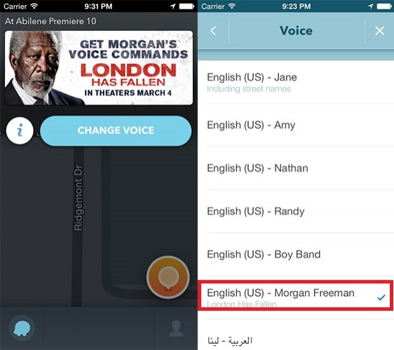 免費導航軟體「Waze」，自美國時間22日起將在限定期間內提供摩根費里曼的導航聲音；不過經記者實測，目前台灣版本的還未出現摩根費里曼的聲音選項。（合成圖，翻攝自Waze）