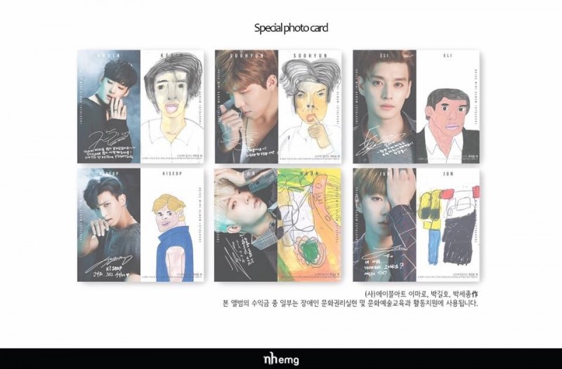 U-Kiss將在隨專輯附贈的成員相片卡上，附上身障畫家們的作品，並會將專輯部分收益捐出來回饋給他們。（翻攝自U-Kiss粉絲專頁）