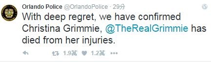 奧蘭多警方透過推特公開了克莉斯緹娜葛瑞米經搶救後仍不幸身亡的消息。（翻攝自奧蘭多警察局推特）