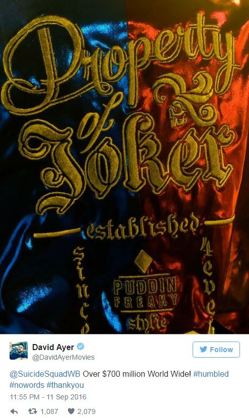 導演大衛艾亞在推特上感謝影迷及粉絲的厚愛與支持。（翻攝自大衛艾亞推特）