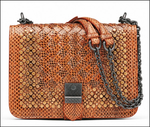 Bottega Veneta水蛇皮鉚釘肩揹包，110,200元。