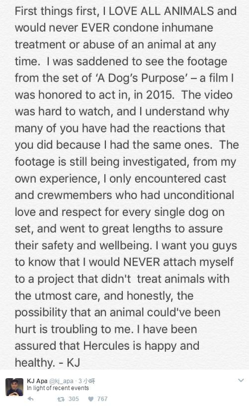 K. J. Apa推特全文。（翻攝自K. J. Apa推特）