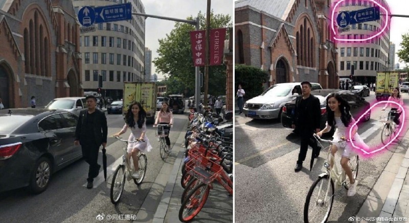Angelababy逆向騎乘自行車，冏遭公遭抓包。（翻攝自微博）
