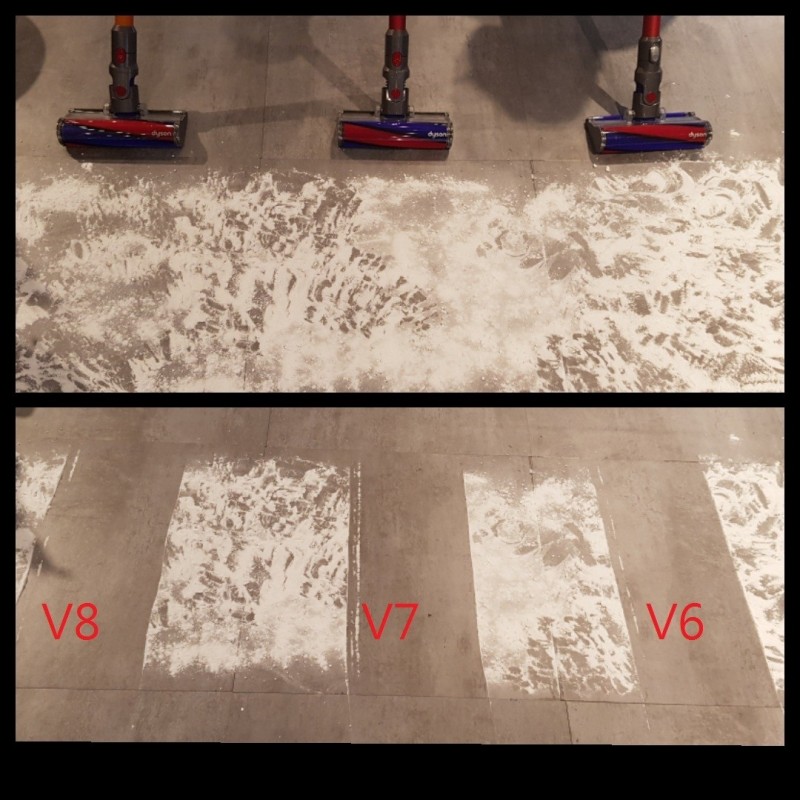 以V8 Absolute+、V7 Fluffy+、V6 Fluffy（由左至右）同時進行吸力測試，不重複僅吸塵1次，結果顯示3處地板都能吸得很乾淨。（記者吳佩樺攝）