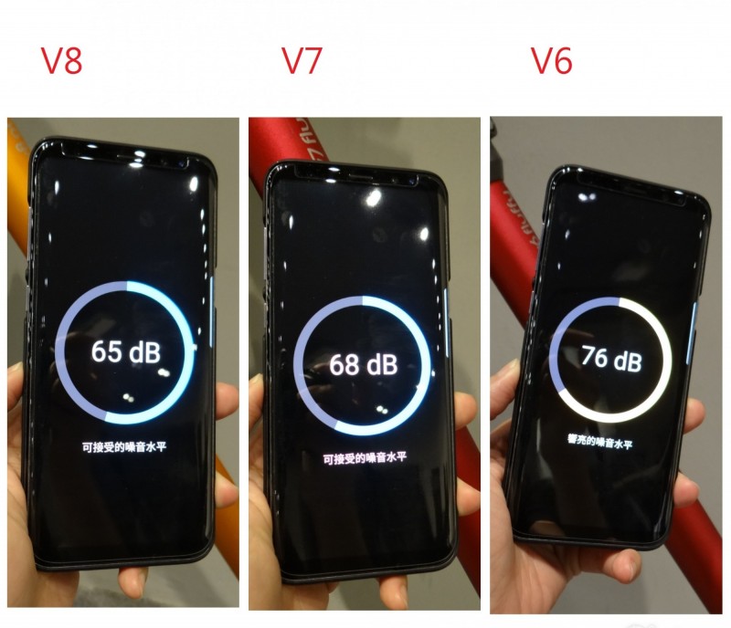 以V8 Absolute+、V7 Fluffy+、V6 Fluffy（由左至右）進行噪音測試，V6 Fluffy噪音量達76分貝，V7 Fluffy+和V8 Absolute+則安靜不少，僅68和65分貝。（記者吳佩樺攝）