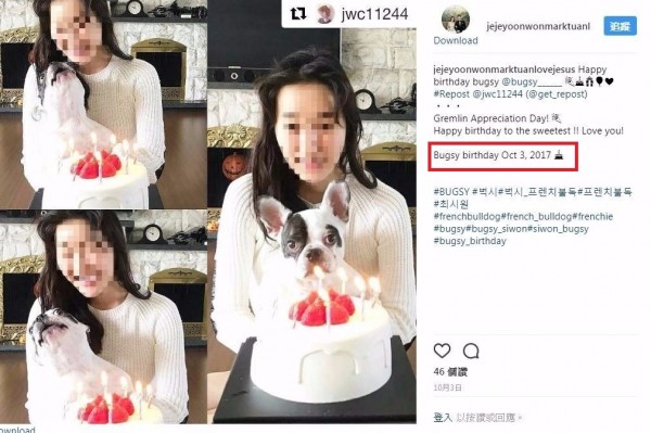 崔始源妹妹在IG慶祝Bugsy生日,目前貼文已經刪除,但粉絲轉發的頁面仍可以看到,遭Bugsy咬傷的金男就在當天過世。(圖擷自Instagram) 崔始源妹妹在IG慶祝Bugsy生日,目前貼文已經刪除,但粉絲轉發的頁面仍可以看到,遭Bugsy咬傷的金男就在當天過世。(圖擷自Instagram)