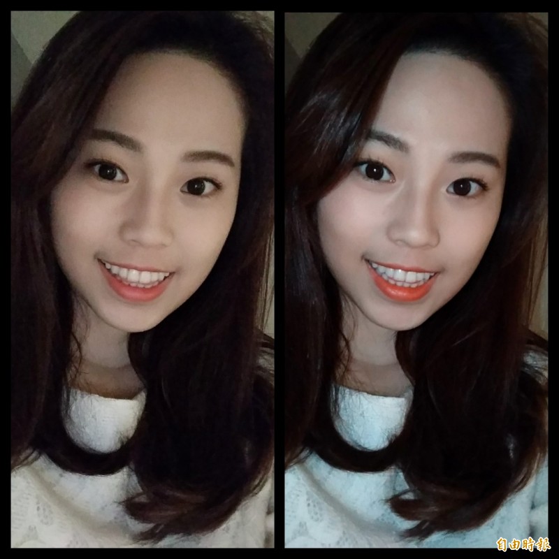 在低光源環境下實測自拍，右圖開啟柔光燈，臉部明顯白嫩明亮。（記者吳佩樺攝）