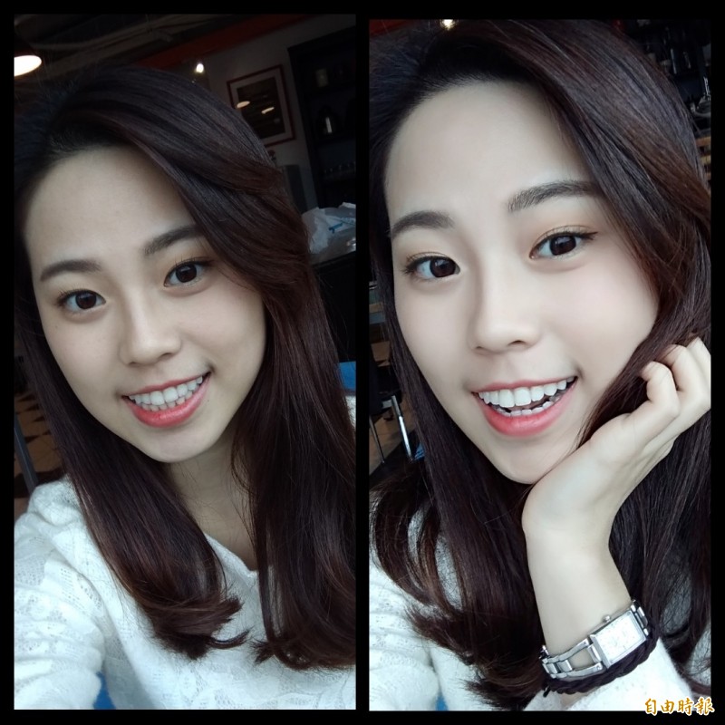 實測智慧美顏自拍，即使開到最強，效果仍算自然（右圖），左圖無開美顏。（記者吳佩樺攝）