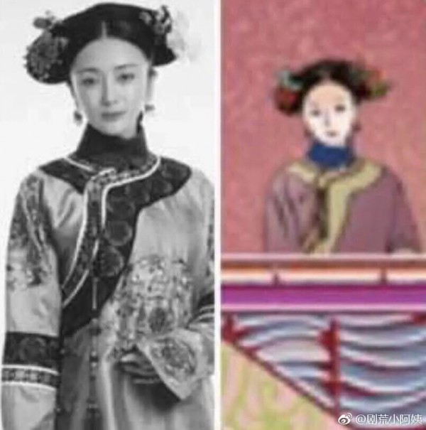 網友指出,《如懿傳》海報中的兩個小人放大來看,髮型和姿態竟和《延禧攻略》中的富察皇后相同。(圖擷取自微博) 網友指出,《如懿傳》海報中的兩個小人放大來看,髮型和姿態竟和《延禧攻略》中的富察皇后相同。(圖擷取自微博)