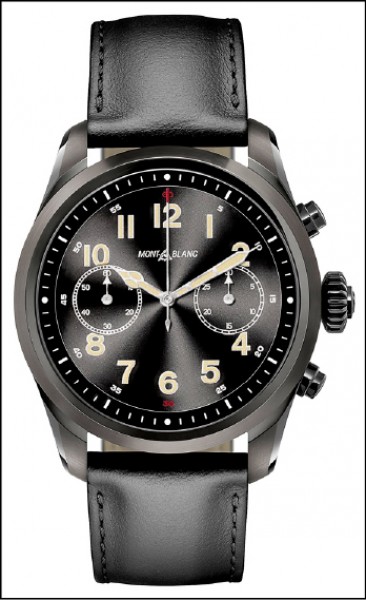 萬寶龍Summit 2智能腕錶，黑色DLC錶殼搭配黑色小牛皮錶帶，33,000元。