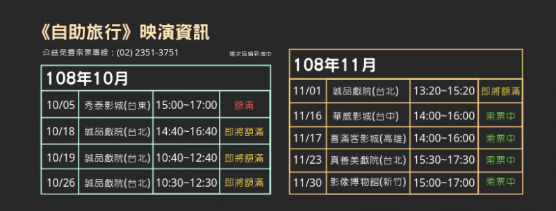《自助旅行》公益電影場次。