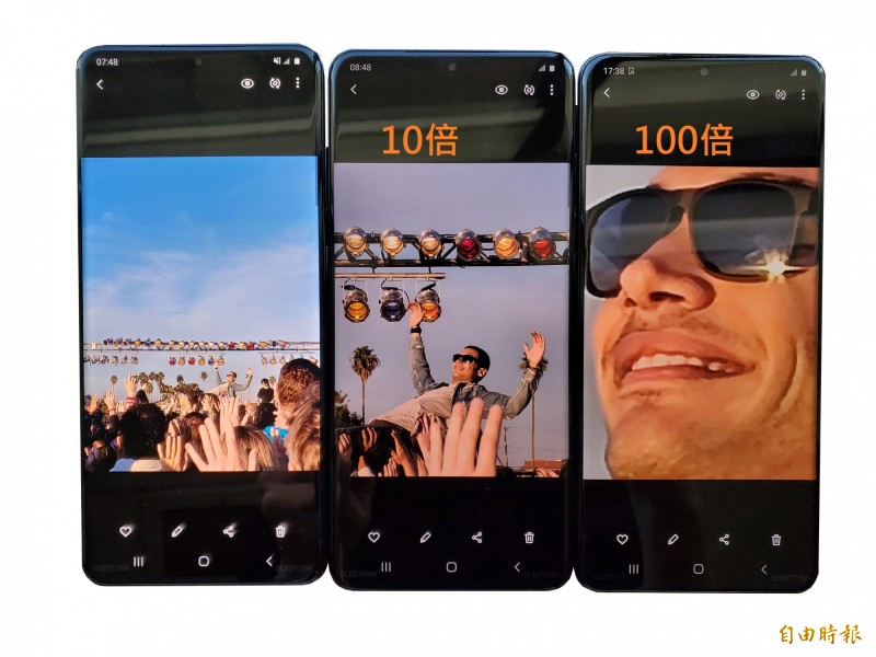 S20 Ultra利用潛望式鏡頭結構做到10倍混合光學變焦、100倍超高變焦。（記者吳佩樺攝）