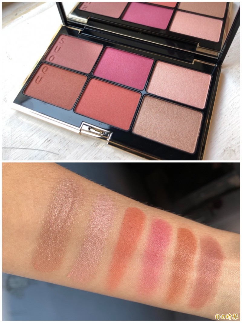 SUQQU晶采淨妍6色頰彩盤3,100元，嚴選6種顏色，適合任何膚色，包含提升妝容明亮度的頰彩，以及增添光澤度的打亮2色，無粉感的潤澤質地。（記者邱巧貞攝）