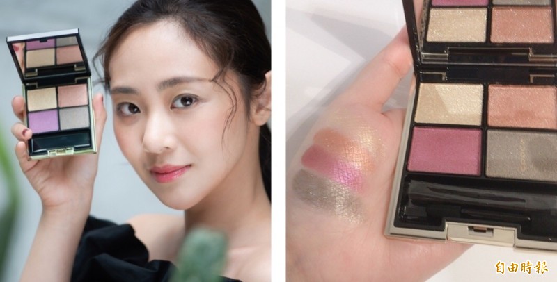 SUQQU晶采立體眼彩盤2,600元，亮燦的銅色搭配高透明度的水晶紫色、柔和的卡其色調，再疊搽上如金箔般璀璨的燦爛金色， 展現絕妙色彩搭配。（東方美提供、記者邱巧貞攝）