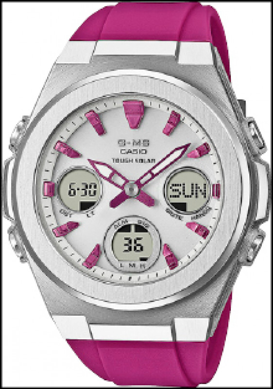 日本卡西歐（CASIO）旗下的BABY-G依照季節主題推出色彩繽紛的腕錶系列， BABY-G全新錶款 MSG-S600以簡約的白色錶盤點綴紫紅色時標並搭配紫紅色錶帶，為這款運動錶增添亮眼細節。BABY-G MSG-S600-4A錶款，6,000元。