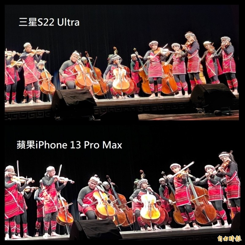 三星S22 Ultra和蘋果iPhone 13 Pro Max夜拍比較,以放大80%檢視,S22 Ultra細節度略勝,例如光線折射壓抑表現較佳。(記者吳佩樺攝)