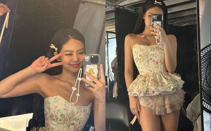 Jennie辣穿一件性感馬甲連身裙，炸出美胸事業線。（翻攝自IG jennierubyjane）