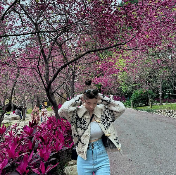 艾融近日趁著放假前往九族文化村賞櫻。（翻攝自IG）
