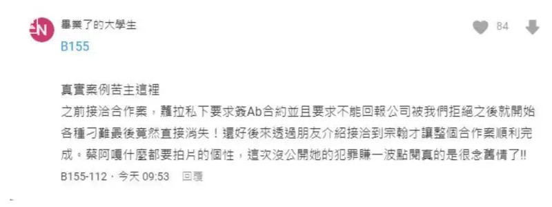 受害網友早在上月就指控蘿拉私下要求簽署AB合約。（翻攝自Dcard）