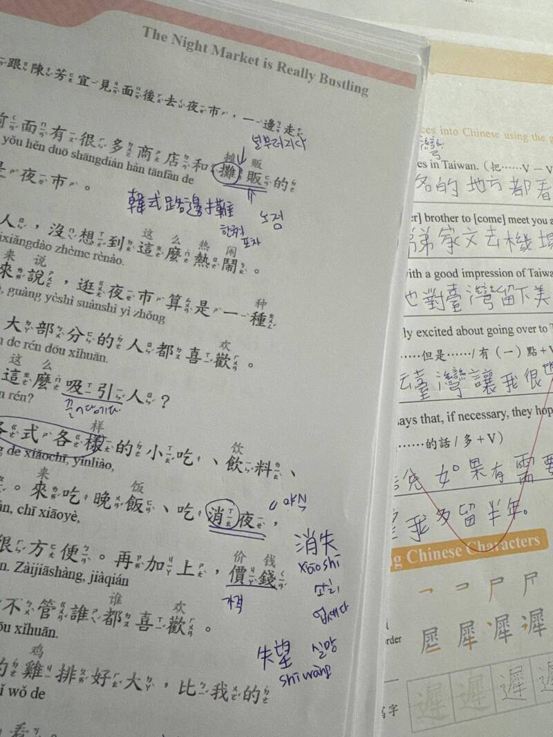 李多慧的中文課本，字旁邊還有標註注音。（翻攝自Threads）