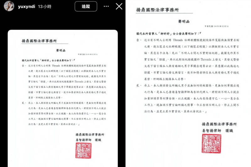 柳柳曬出聲明提告。（翻攝自IG）
