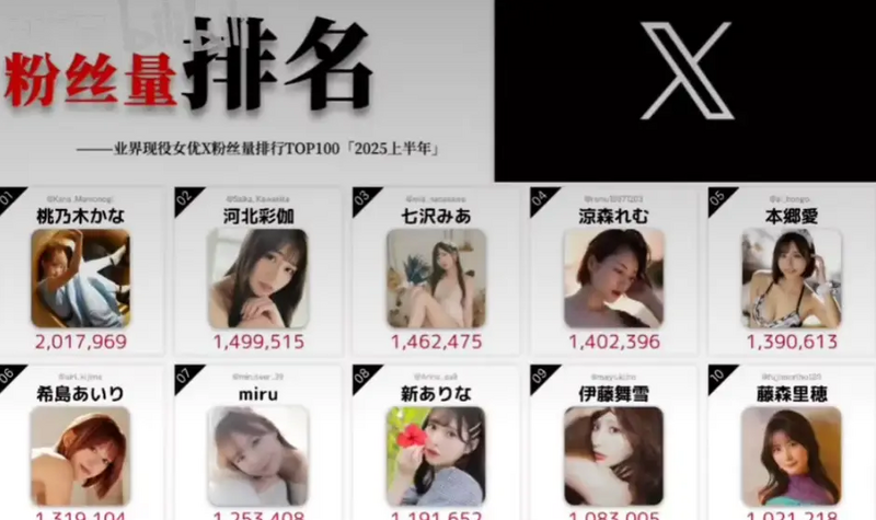 日本女優在X的粉絲數排行榜前10名。（翻攝自PTT）