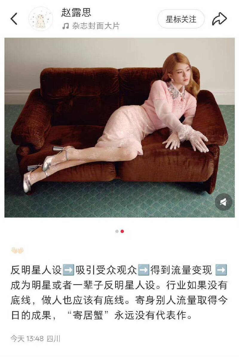 趙露思發文疑批評演藝圈「寄生文化」。（翻攝小紅書）