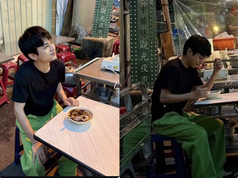 佐藤勝利喜悅大啖台灣夜市豆花。（組合照，翻攝自IG）