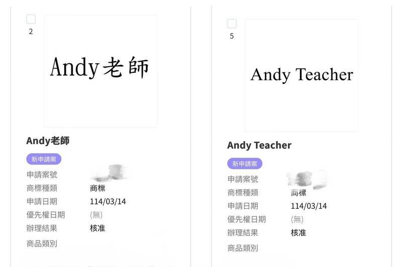 Andy老師完成兩項名稱的商標註冊。（翻攝自經濟部智慧財產局商標主題網）