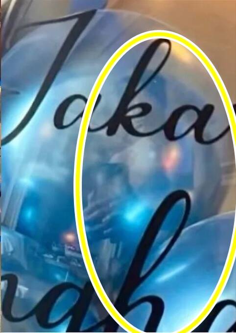 放大東海的限時動態之後，可以發現擁有精壯胸肌的東海倒影（黃圈處）出現在氣球表面上。（翻攝自IG）