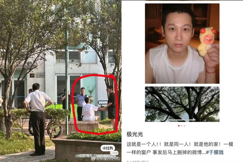 網路謠傳于朦朧墜樓事發後，住處出現可疑人物，左圖紅圈牽手者命案後出現在大樓下，身分可疑，圖右為編劇極光光。（本報合成圖，翻攝Threads）