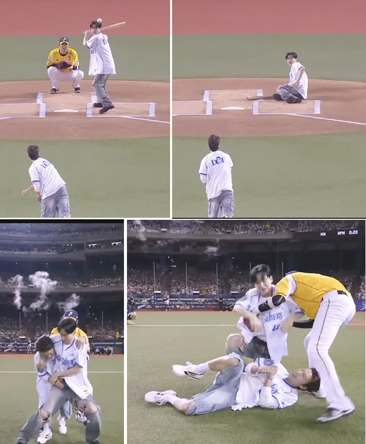 Super Junior-D&amp;E銀赫與東海兩為中信兄弟開球，東海投出觸身球，讓銀赫氣到衝上前開打，一連串的表演讓現場觀眾驚呆了。（翻攝自中信兄弟YT）