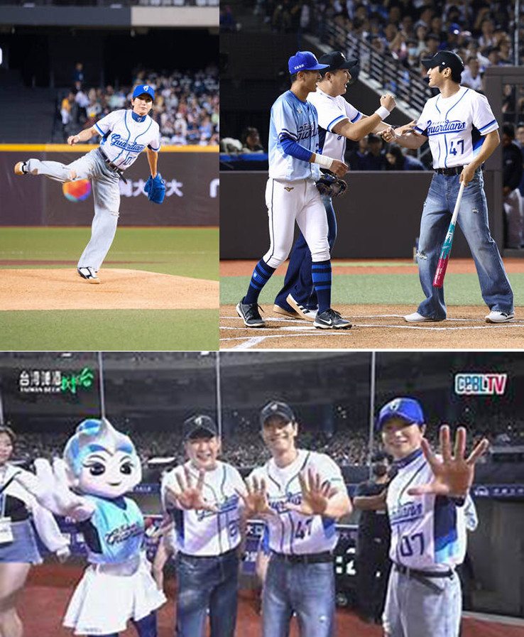 Super Junior的L.S.S.小分隊利特、神童、始源來台為富邦悍將開球，綜藝味十足。（富邦悍將提供）