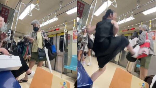 北捷出現老婦硬逼人讓座的互毆畫面。（本報合成圖，翻攝自Threads＠queen7_910）