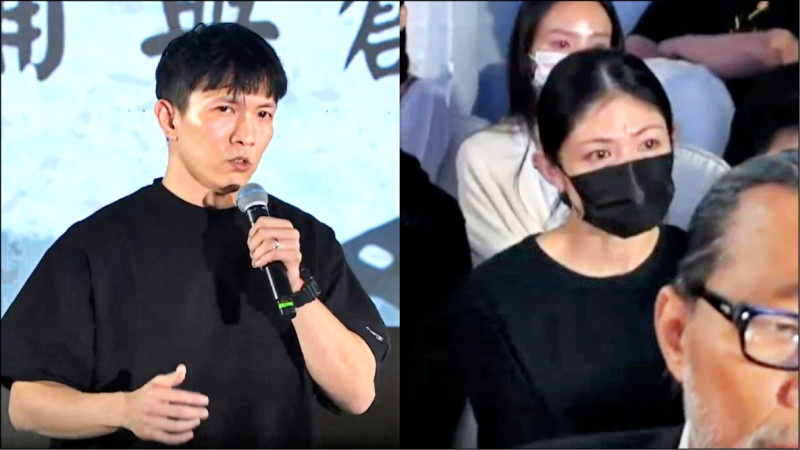 顏正國告別式，好友黃尚禾（左）代表致詞，李千娜在台下淚崩。（翻攝自顏正國臉書）