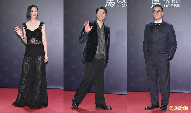 昔日合作《女朋友。男朋友》的桂綸鎂（左起）、鳳小岳、張孝全今晚齊聚金馬紅毯。（新聞攝影組攝）